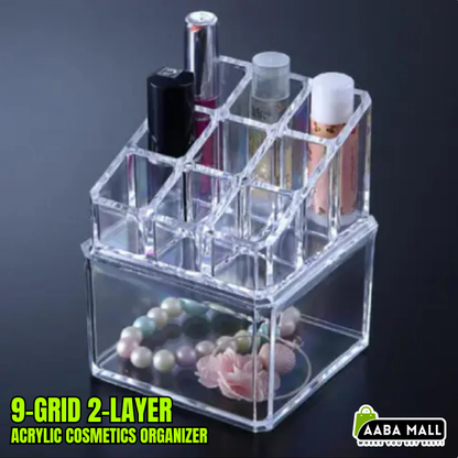 9-grid 2-layer acrylic cosmetics organizer on vanity table