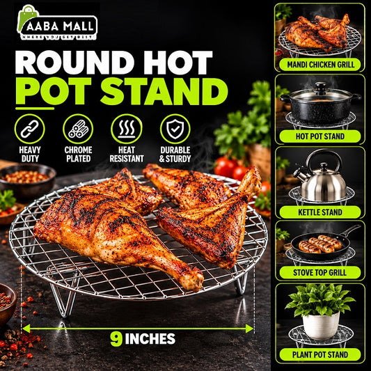 9 inch chrome plated round hot pot stand for mandi chicken grilling, kettle, cookware and stove top use