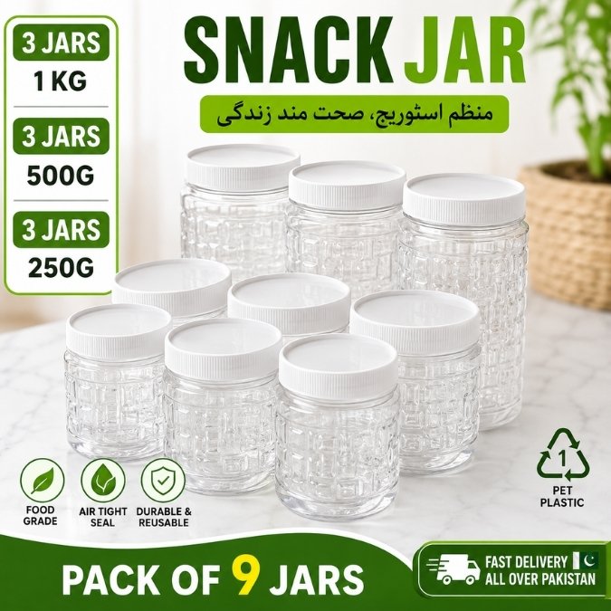9 piece plastic jar set with white caps in 1KG 500GM and 250GM sizes