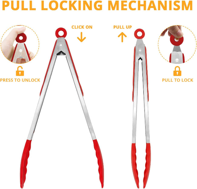 9.5" Stainless Steel Cooking Tong Chimta with Silicone Tips | Heat-Resistant Metal Tongs with Non-Slip Rubber Grips - AABA MALL