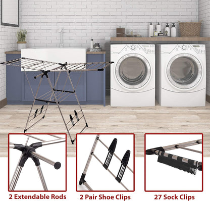 Stainless Steel Clothes Drying Rack | Foldable Laundry Rack with Hanging Rods, Sock Clips & Shoe Hangers – Adjustable Gullwing Design