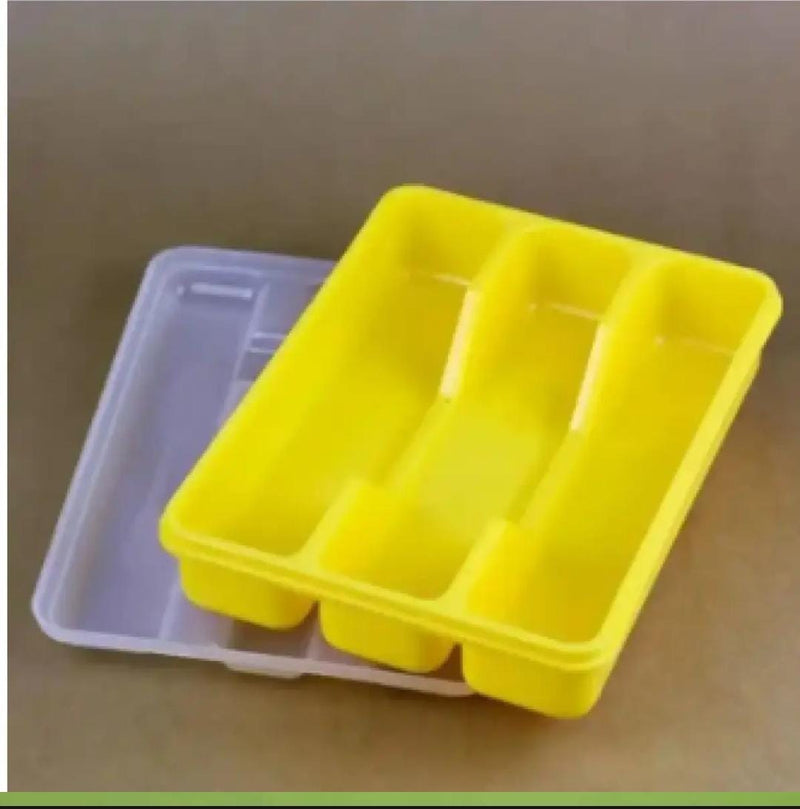 3-Grid Plastic Cutlery Organizer Box with Lid ? Classic Covered Tray for Spoon, Fork & Knife ? Compartmental Storage Holder for Kitchen Drawer or Countertop - AABA MALL