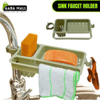 Kitchen sink faucet sponge and soap holder drain rack storage organizer, plastic or stainless steel dishwashing liquid and brush caddy