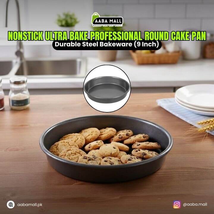 Nonstick ultra bake professional round cake pan with cookies on a kitchen counter, featuring Aaba Mall branding.