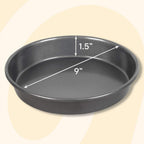 Black round baking pan with measurements on a beige background