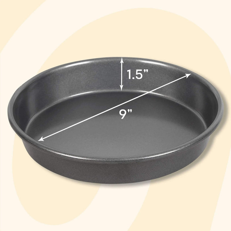 Black round baking pan with measurements on a beige background