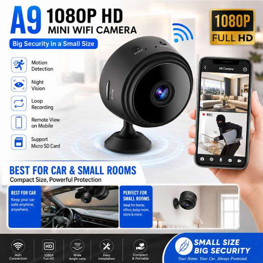1080P HD mini WiFi camera with smartphone app interface, features listed, and usage scenarios.