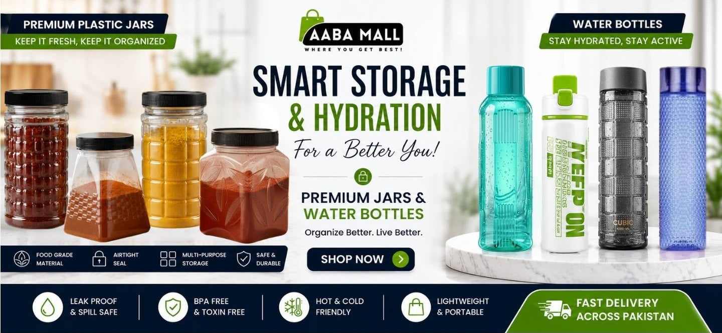 Promotional banner for AABA Mall's smart storage and hydration products including jars and water bottles.