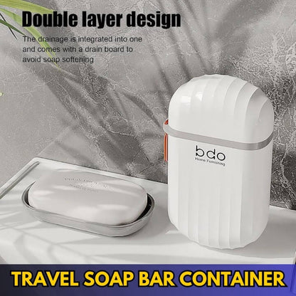 Travel soap bar container with double layer design on a marble surface.'AABA MALL'.