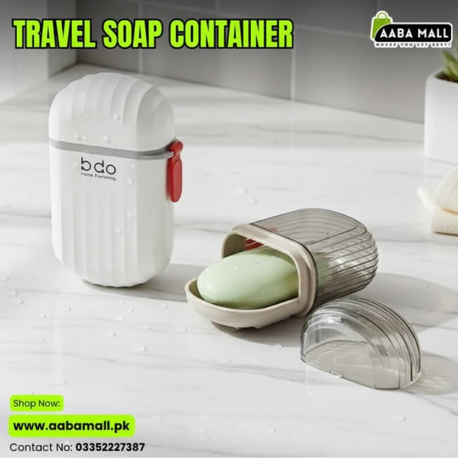 Travel soap container with a bar of soap on a white surface, branded as bdo with Aaba Mall logo.