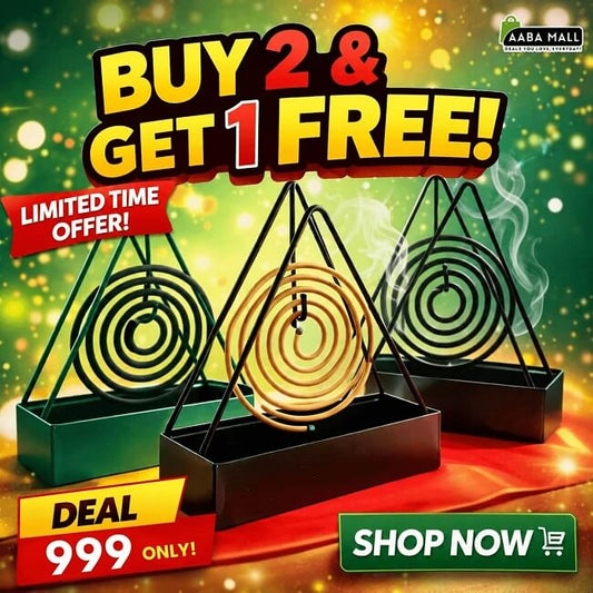 AABA MALL Promotional advertisement for incense coils with 'Buy 2 Get 1 Free' offer on a festive background.