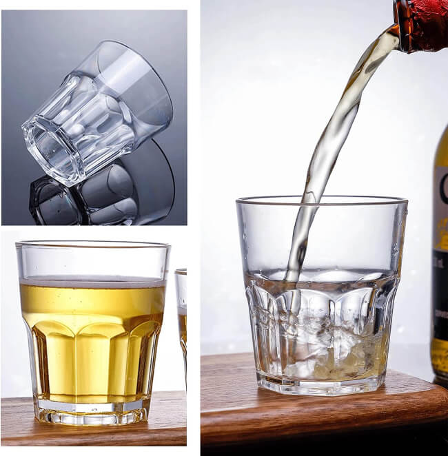 Collage of a clear glass being filled with a liquid, a close-up of the glass, and a bottle pouring liquid.