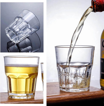 Collage of a clear glass being filled with a liquid, a close-up of the glass, and a bottle pouring liquid.