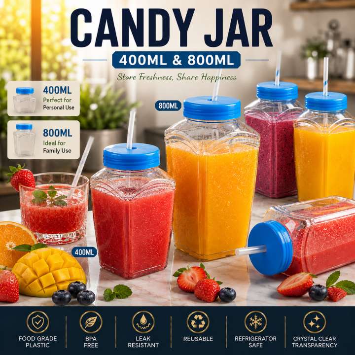 Candy Jar with blue lids containing colorful drinks on a table with fruits.