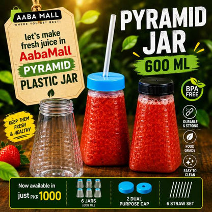 AabaMall Pyramid Plastic Juice Jar 600ml with Straw and Dual Cap