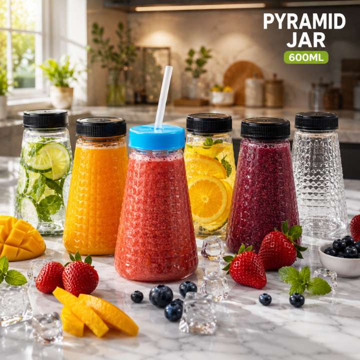 AabaMall Pyramid Plastic Juice Jar 600ml with Straw and Dual Cap
