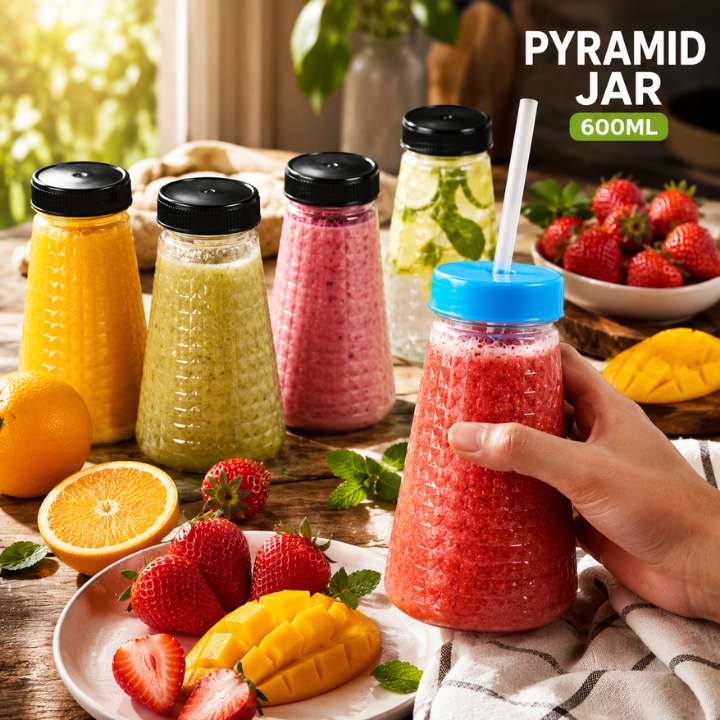 AabaMall Pyramid Plastic Juice Jar 600ml with Straw and Dual Cap