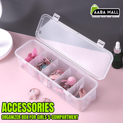 Clear jewelry organizer box with compartments on a pink surface, branded 'AABA MALL'.