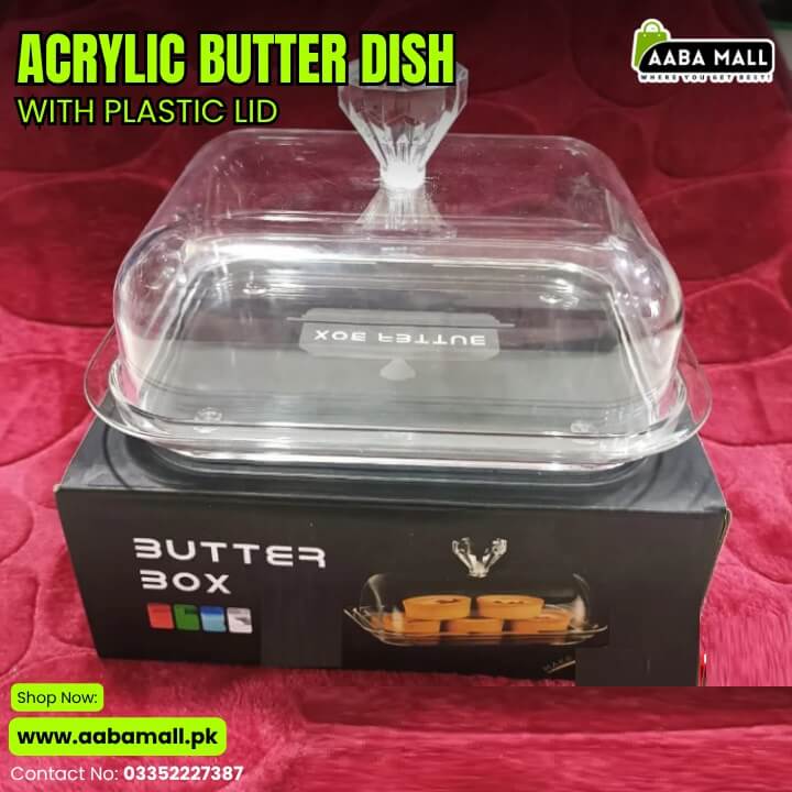 Acrylic butter dish with plastic lid on a red background, featuring Aaba Mall branding.