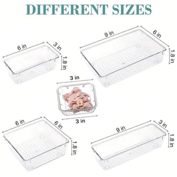 Clear plastic containers of different sizes with measurements on a white background