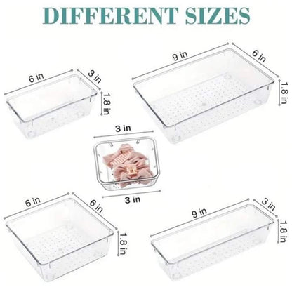 Clear plastic containers of different sizes with measurements on a white background