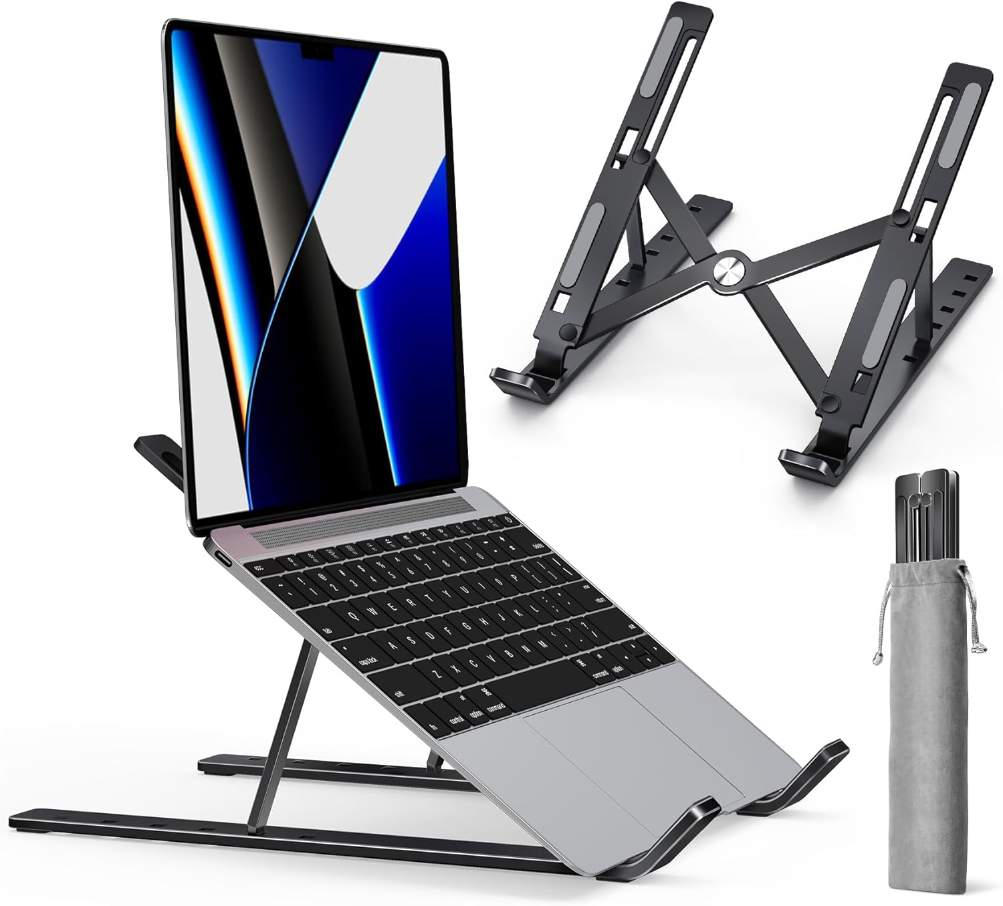 Adjustable Folding Adjustable Aluminum Laptop Stand & Riser – Aluminum Ergonomic Foldable Portable Tablet Holder Desk Stand (With Pouch) for MacBook, Lenovo, Dell, HP