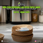 Non-stick disposable air fryer paper liners with AABA MALL branding on a kitchen counter.