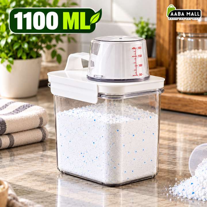 Airtight food storage container with measuring cup and lid clear laundry detergent dispenser washing powder storage box available in 1100ML 1800ML and 2300ML sizes