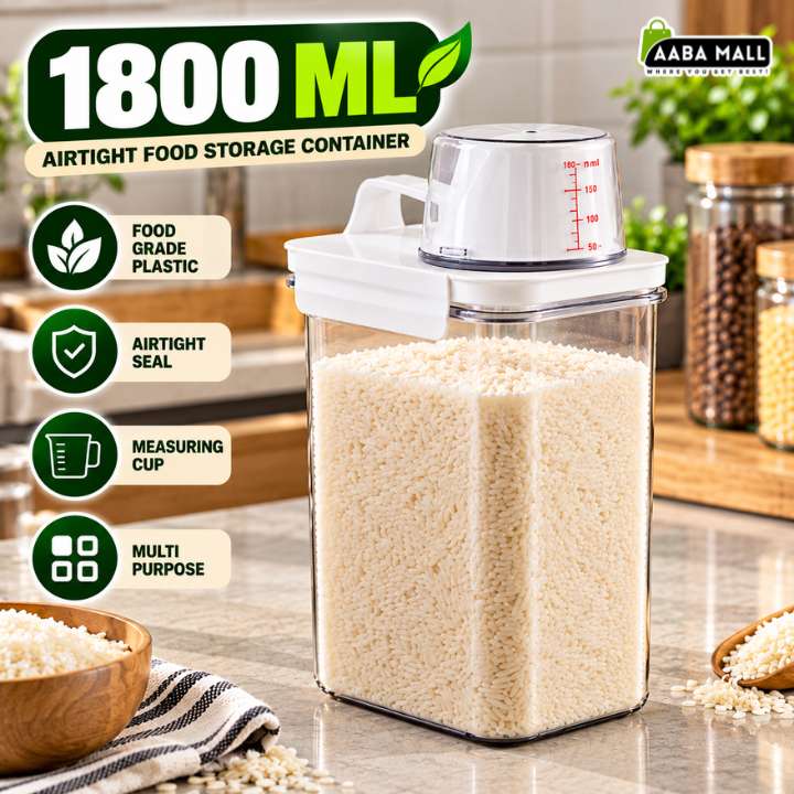 Airtight food storage container with measuring cup and lid clear laundry detergent dispenser washing powder storage box available in 1100ML 1800ML and 2300ML sizes