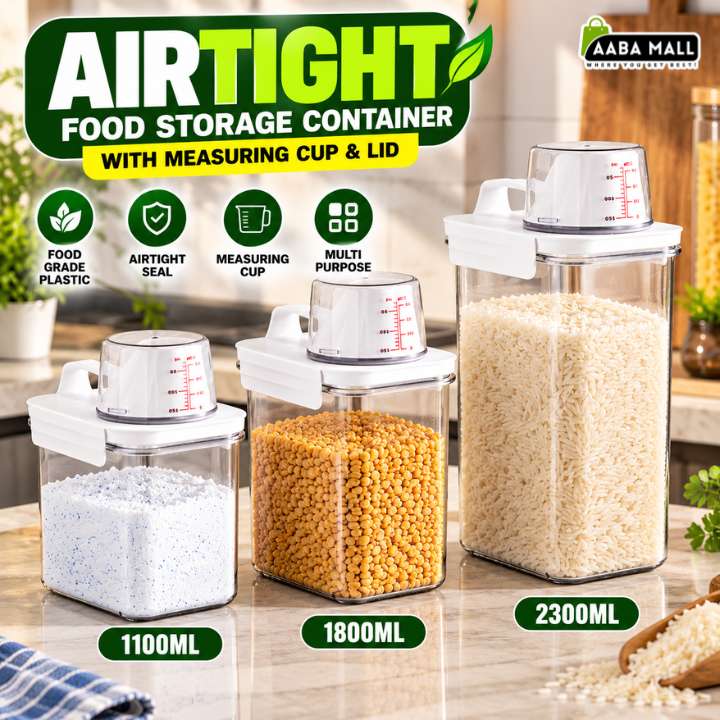 Airtight food storage container with measuring cup and lid clear laundry detergent dispenser washing powder storage box available in 1100ML 1800ML and 2300ML sizes