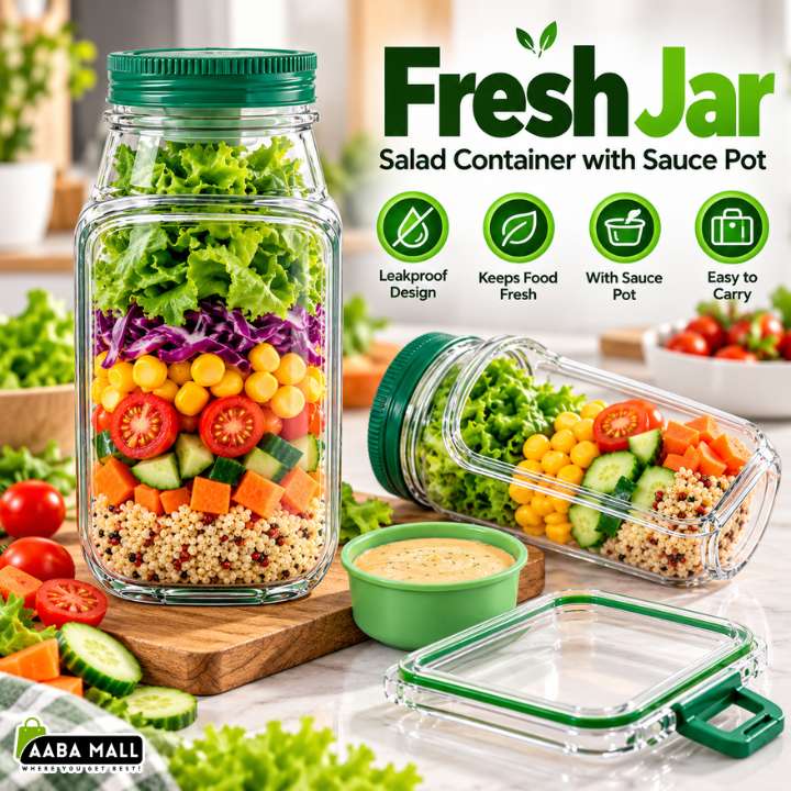 Airtight Mealvora Fresh Jar Salad Container with Sauce Pot Leakproof Meal Prep Food Storage Container for Salads and Healthy Lunches