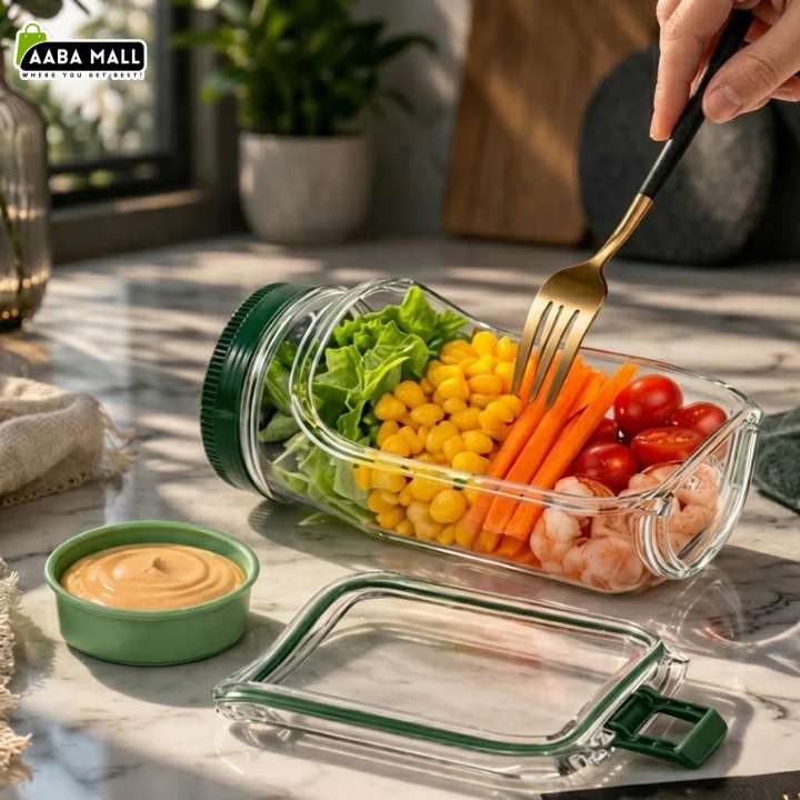 Airtight Mealvora Fresh Jar Salad Container with Sauce Pot Leakproof Meal Prep Food Storage Container for Salads and Healthy Lunches