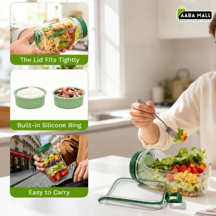 Airtight Mealvora Fresh Jar Salad Container with Sauce Pot Leakproof Meal Prep Food Storage Container for Salads and Healthy Lunches