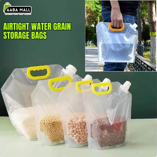 Airtight water grain storage bags with yellow handles on a green background, featuring AABA MALL branding.