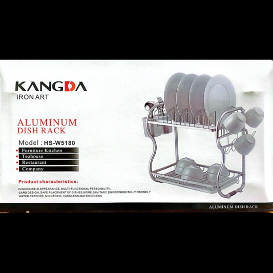 A silver 2-tier aluminum dish drying rack with a utensil holder and black drip tray, fully loaded with plates and bowls on a kitchen countertop.