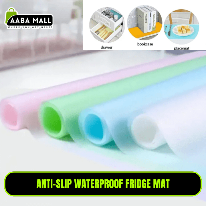 Anti-slip waterproof fridge mat with colorful rolls and product usage examples on a white background.