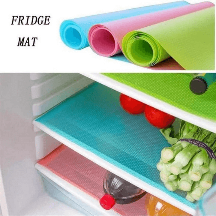 Colorful refrigerator mats with a close-up of a green mat on a refrigerator shelf.