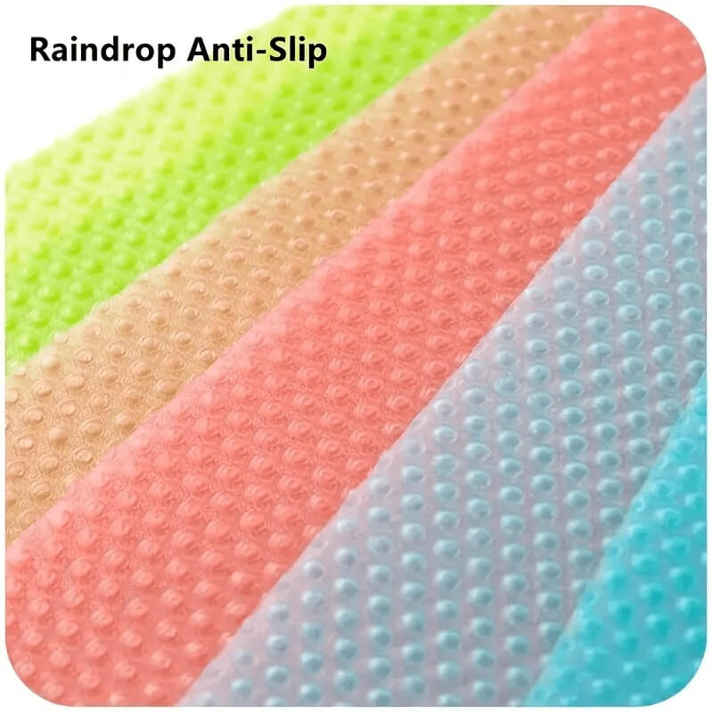 Colorful anti-slip mats with 'Raindrop Anti-Slip' text on a white background