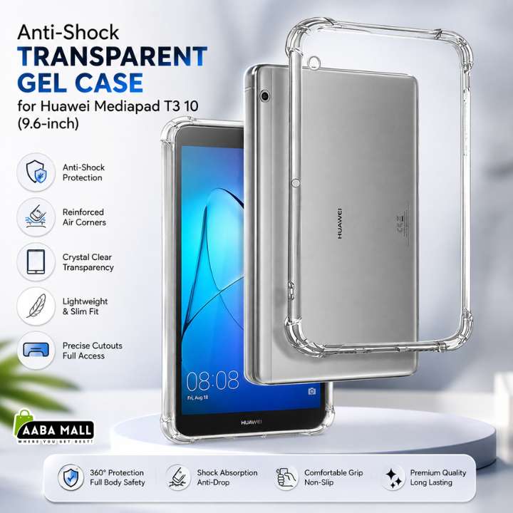 Transparent anti-shock gel case for Huawei Mediapad T3 10 (9.6-inch tablet), shown on the front and back of the tablet against a light gray background with feature callouts and an AABA MALL logo.