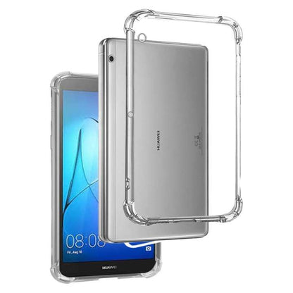 A clear, flexible protective case for a tablet, shown fitted over the back of a silver tablet and also around a tablet with its screen on, on a plain white background.