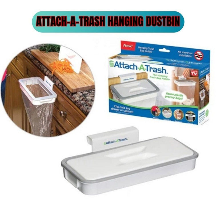Attach-A-Trash hanging bin with packaging and usage example on a white background