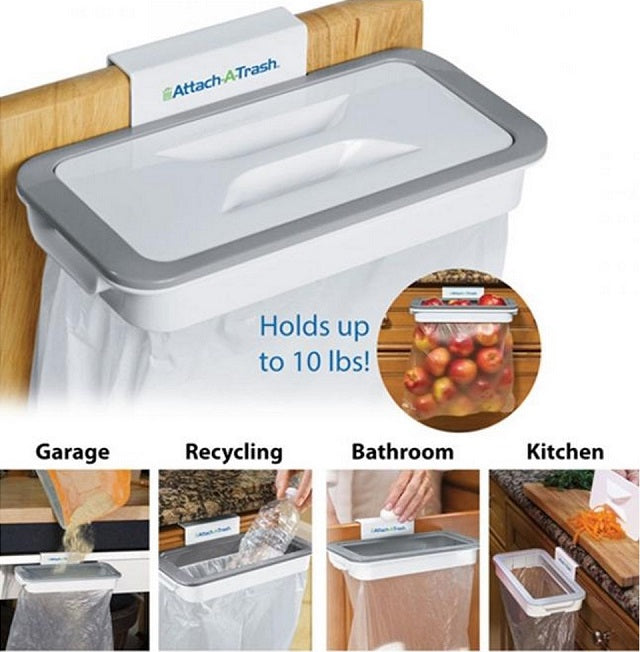 Attach-A-Trash product with uses in garage, recycling, bathroom, and kitchen.