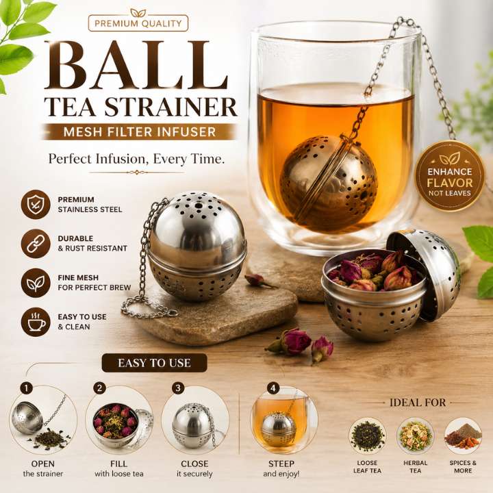 5cm BALL Silver Elegant Stainless Steel Tea Strainer Mesh Filter Infuser – Chain Style for Loose Leaf Tea & Mulling Spices