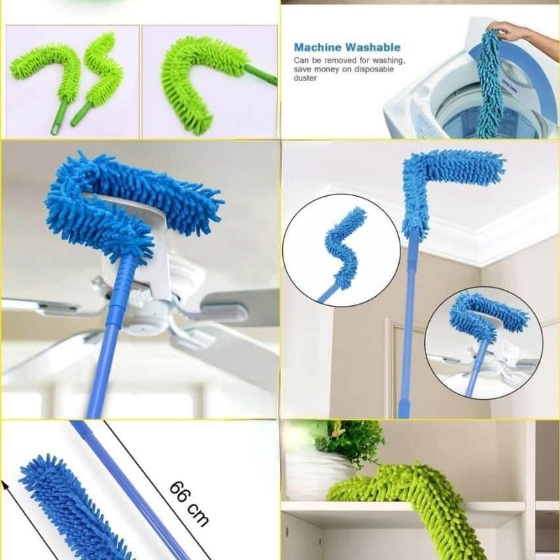 Collage of a flexible cleaning tool with various attachments and usage scenarios.