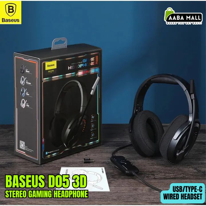 BASEUS D05 3D Stereo Gaming Headphone USB/Type-C Wired Headset with Colorful LED & HD Microphone – Original