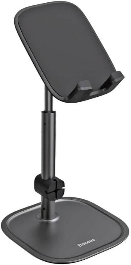 Black adjustable phone stand on a white background