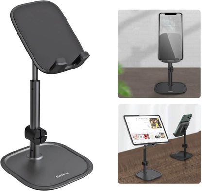 Black adjustable phone stand with inset images showing its use on a table.