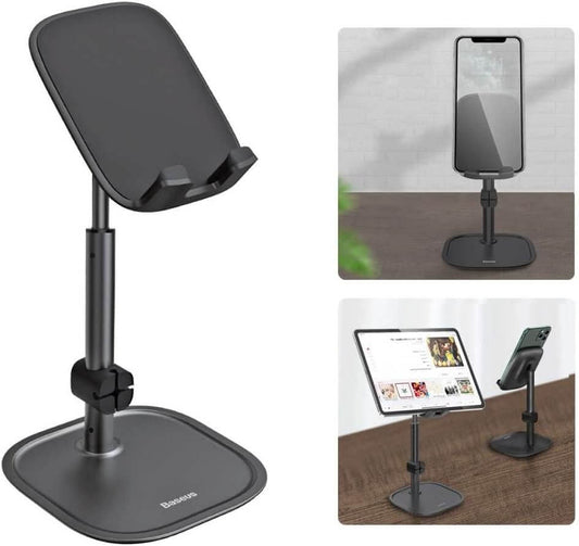 Black adjustable phone stand with inset images showing its use on a table.