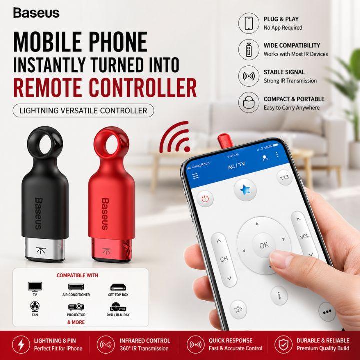 Baseus mobile phone remote controller shown in black and red, with a hand holding a smartphone displaying the control app interface. The image includes marketing text and compatibility icons on a clean white background.
