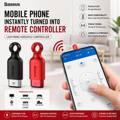 Baseus mobile phone remote controller shown in black and red, with a hand holding a smartphone displaying the control app interface. The image includes marketing text and compatibility icons on a clean white background.